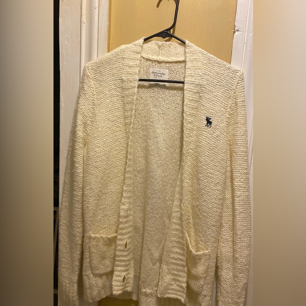 Abercrombie & Fitch Cream Open Front Knit Cardigan Moose Logo